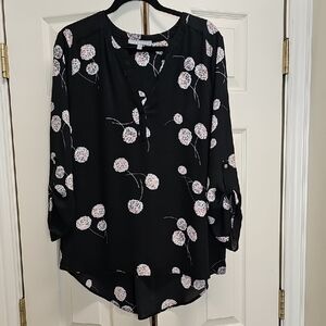 Daniel Rainn Black Floral Split-Neck Blouse